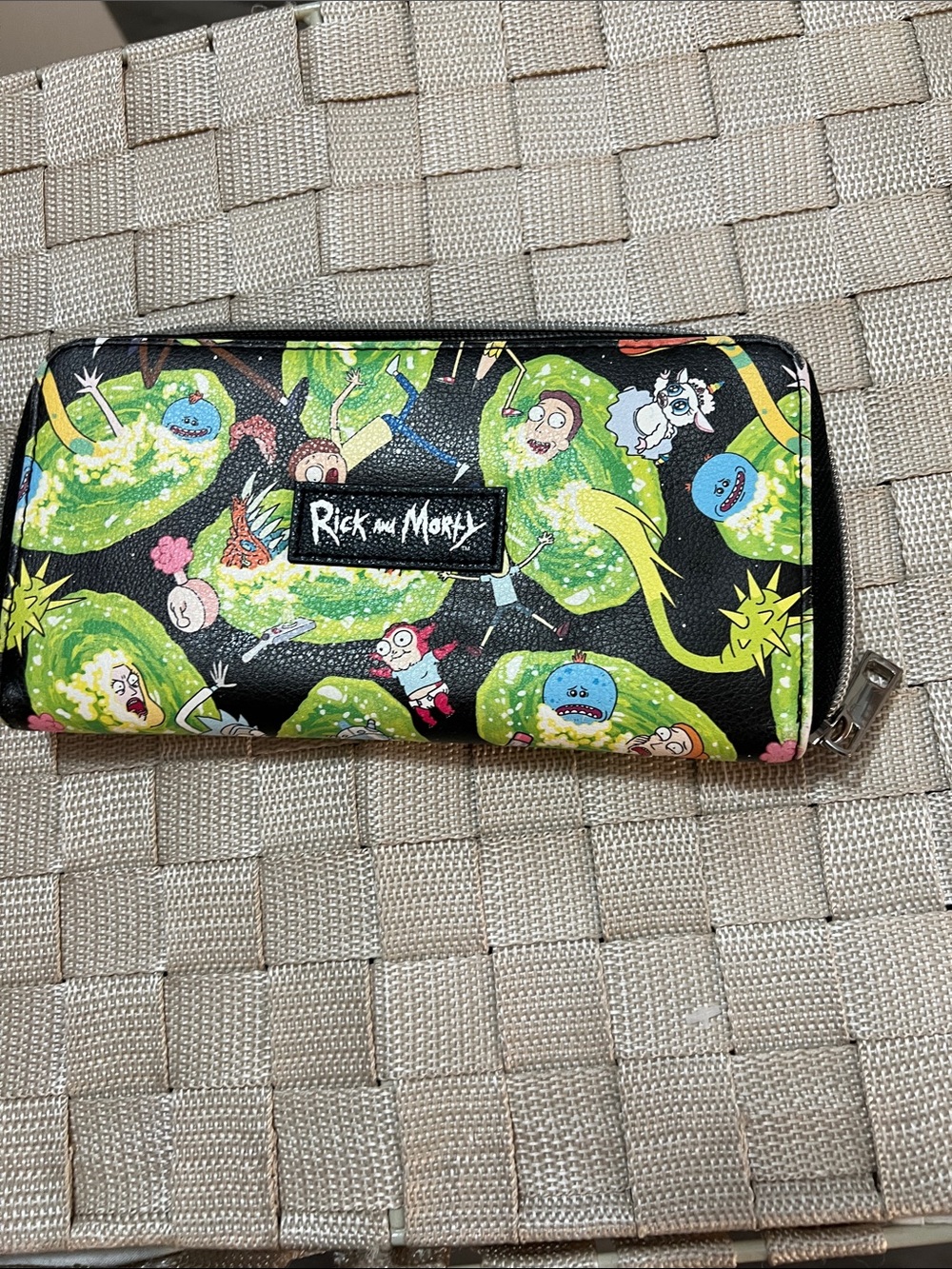 Rick and Morty Zip-Around Travel Wallet in Black with Green Portal Print